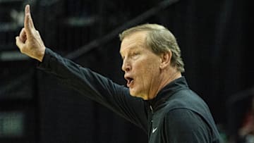 Oregon men's basketball coach Dana Altman calls to his team during an exhibition game against Utah at Matthew Knight Arena Oct 24, 2025.