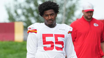 Jul 22, 2025; St. Joseph, MO, USA; Kansas City Chiefs defensive tackle Omarr Norman-Lott (55) walks down the hill to the practice fields during training camp at Missouri Western State University. Mandatory Credit: Denny Medley-Imagn Images