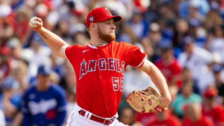 Feb 24, 2024; Tempe, Arizona, USA; Los Angeles Angels pitcher Davis Daniel against the Los Angeles Dodgers during a spring training game at Tempe Diablo Stadium. Mandatory Credit: Mark J. Rebilas-USA TODAY Sports