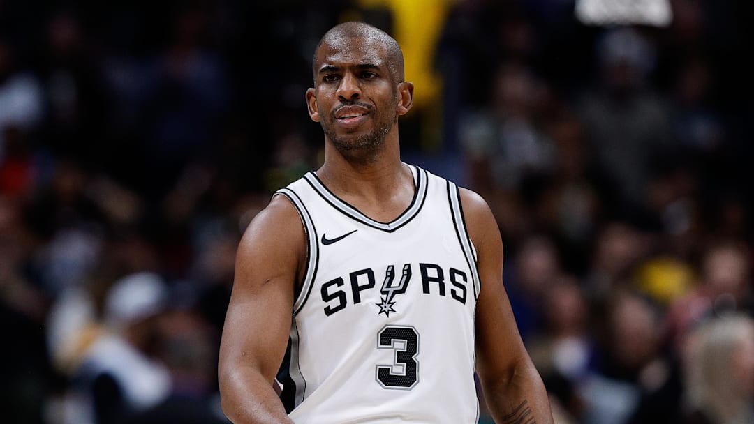 Apr 2, 2025; Denver, Colorado, USA; San Antonio Spurs guard Chris Paul (3) in the first quarter against the Denver Nuggets at Ball Arena. Mandatory Credit: Isaiah J. Downing-Imagn Images