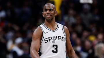 Apr 2, 2025; Denver, Colorado, USA; San Antonio Spurs guard Chris Paul (3) in the first quarter against the Denver Nuggets at Ball Arena. Mandatory Credit: Isaiah J. Downing-Imagn Images