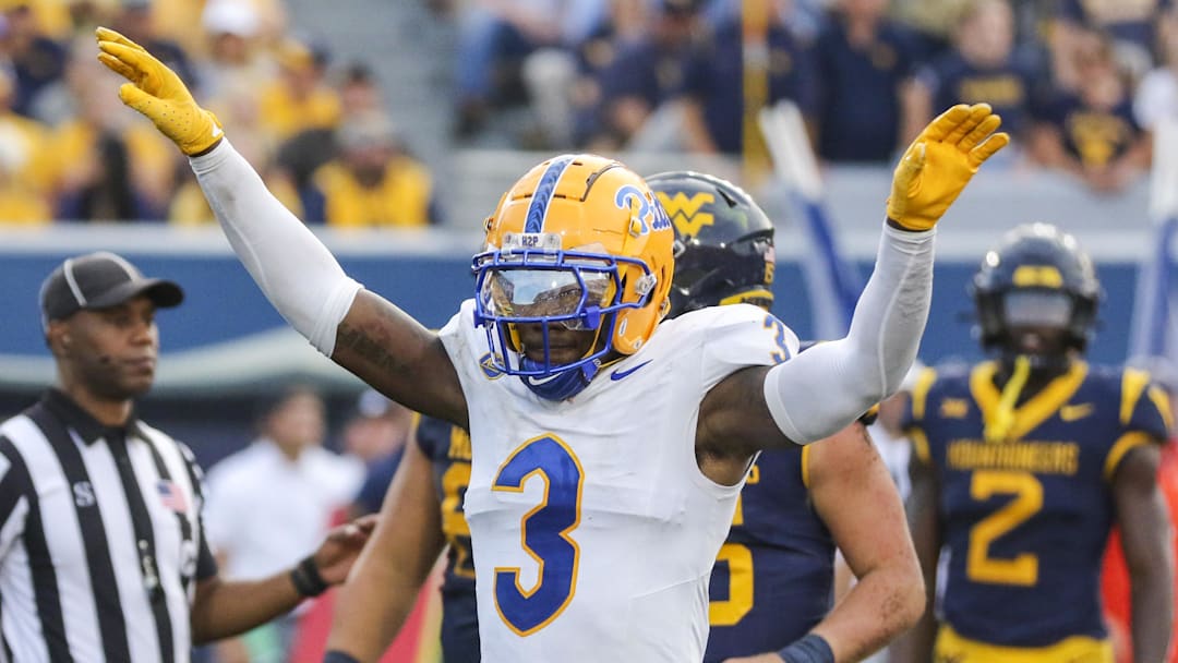 Pittsburgh Panthers linebacker Rasheem Biles (3) celebrates a defensive stop during the third quarter against the West Virginia Mountaineers at Milan Puskar Stadium. Mandatory Credit: Ben Queen-Imagn Images
