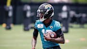 May 10, 2025; Jacksonville, FL, USA; Jacksonville Jaguars wide receiver Travis Hunter (12) participates in a drill during rookie minicamp at Miller Electric Center. Mandatory Credit: Travis Register-Imagn Images