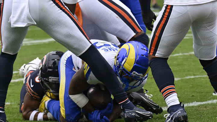 Sep 29, 2024; Chicago, Illinois, USA;  Los Angeles Rams running back Kyren Williams (23) scores a touchdown against the Chicago Bears during the second half at Soldier Field. Mandatory Credit: Matt Marton-Imagn Images