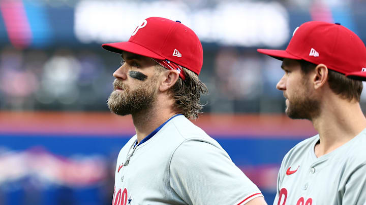 Philadelphia Phillies first baseman Bryce Harper before game three against the New York Mets in the NLDS for the 2024 MLB Playoffs at Citi Field