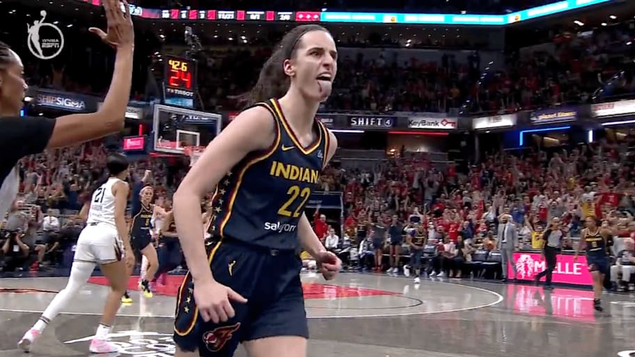 Clark celebrates a three-point barrage against the Liberty | Screengrab via ABC/ESPN
