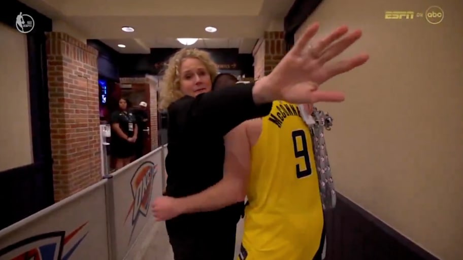 Pacers guard McConnell is comforted after the Game 7 lost | Screengrab via ESPN/ABC