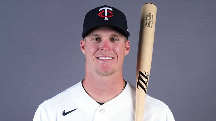 Feb 19, 2026; Lee County, FL, USA; Minnesota Twins center fielder Walker Jenkins (75) poses during photo day at Hammond Stadium. Mandatory Credit: Jim Rassol-Imagn Images