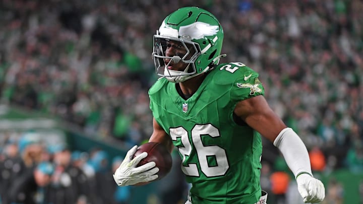 Nov 3, 2024; Philadelphia, Pennsylvania, USA; Philadelphia Eagles running back Saquon Barkley (26) score on a 19-yard touchdown run during the second quarter against the Jacksonville Jaguars at Lincoln Financial Field. Mandatory Credit: Eric Hartline-Imagn Images Nov 3, 2024; Philadelphia, Pennsylvania, USA; Philadelphia Eagles running back Saquon Barkley (26) score on a 19-yard touchdown run during the second quarter against the Jacksonville Jaguars at Lincoln Financial Field. Mandatory Credit: Eric Hartline-Imagn Images