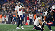 Aug 10, 2023; Foxborough, Massachusetts, USA; Houston Texans place kicker Jake Bates (49) lines up an extra point kick during the second half against the New England Patriots at Gillette Stadium. Mandatory Credit: Eric Canha-USA TODAY Sports