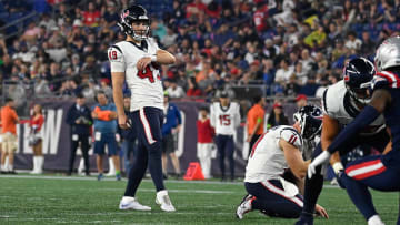 Aug 10, 2023; Foxborough, Massachusetts, USA; Houston Texans place kicker Jake Bates (49) lines up an extra point kick during the second half against the New England Patriots at Gillette Stadium. Mandatory Credit: Eric Canha-USA TODAY Sports