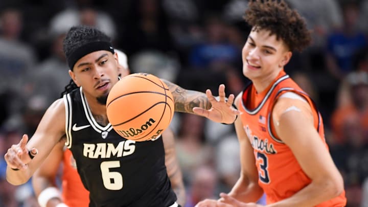 VCU Rams guard Terrence Hill Jr. (6) steals the ball Saturday, March 21, 2026, during the NCAA Men’s Basketball Tournament second round game against the Illinois Fighting Illini at Bon Secours Wellness Arena in Greenville, South Carolina.