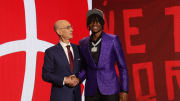 Jun 26, 2024; Brooklyn, NY, USA; Ja'Kobe Walter poses for photos with NBA commissioner Adam Silver after being selected in the first round by the Toronto Raptors in the 2024 NBA Draft at Barclays Center. Mandatory Credit: Brad Penner-USA TODAY Sports