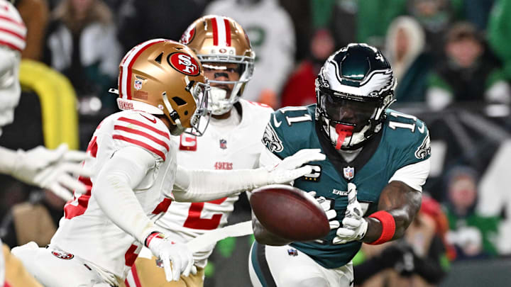 Jan 11, 2026; Philadelphia, PA, USA; Philadelphia Eagles wide receiver A.J. Brown (11) doesn't make catch while being defended by San Francisco 49ers safety Marques Sigle (36) during the second quarter in an NFC Wild Card Round game at Lincoln Financial Field. Mandatory Credit: Eric Hartline-Imagn Images