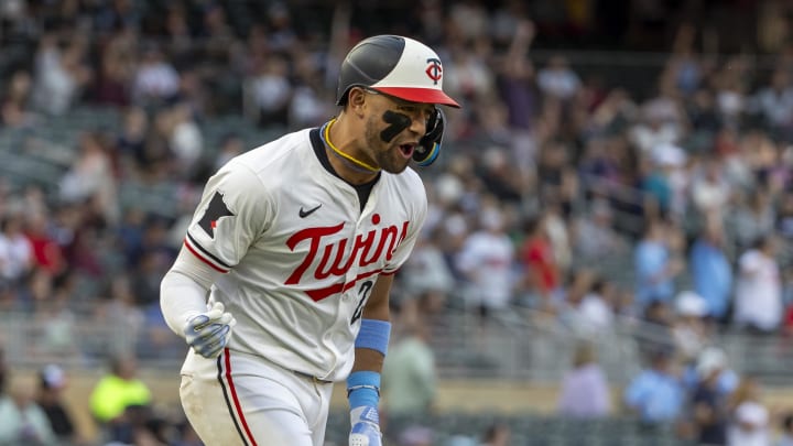 Minnesota Twins third baseman Royce Lewis (23) celebrates hitting a solo home run against the Tampa Bay Rays in the fifth inning at Target Field in Minneapolis on June 19, 2024. 