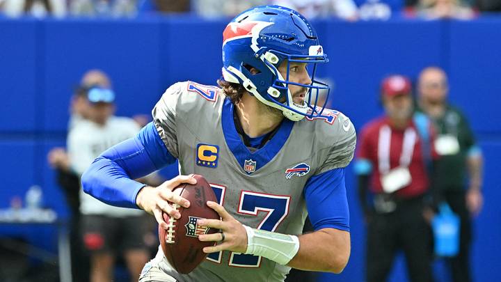 Sep 27, 2026; Orchard Park, New York, USA;  Buffalo Bills quarterback Josh Allen (17) looks to throw in the second quarter against the Los Angeles Chargers at New Highmark Stadium.  Mandatory Credit: Mark Konezny-Imagn Images