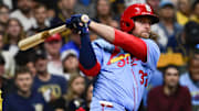 Sep 13, 2025; Milwaukee, Wisconsin, USA; St. Louis Cardinals second baseman Brendan Donovan (33) hits a solo home run against the Milwaukee Brewers in the third inning at American Family Field. Mandatory Credit: Benny Sieu-Imagn Images