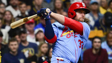 Sep 13, 2025; Milwaukee, Wisconsin, USA; St. Louis Cardinals second baseman Brendan Donovan (33) hits a solo home run against the Milwaukee Brewers in the third inning at American Family Field. Mandatory Credit: Benny Sieu-Imagn Images