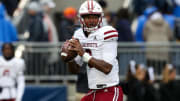 Oct 14, 2023; University Park, Pennsylvania, USA; Massachusetts Minutemen quarterback Taisun Phommachanh (3) looks to throw a pass during a warm up prior to the game against the Penn State Nittany Lions at Beaver Stadium. Mandatory Credit: Matthew O'Haren-USA TODAY Sports
