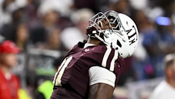 Oct 11, 2025; College Station, Texas, USA; Texas A&M Aggies defensive tackle Tyler Onyedim (11) reacts during the fourth quarter against the Florida Gators at Kyle Field. Mandatory Credit: Maria Lysaker-Imagn Images 