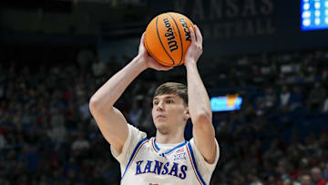 Nov 19, 2024; Lawrence, Kansas, USA; Kansas Jayhawks forward Zach Clemence (41) looks to pass during the second half against the North Carolina-Wilmington Seahawks at Allen Fieldhouse. Mandatory Credit: Jay Biggerstaff-Imagn Images