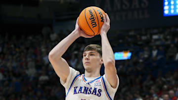 Nov 19, 2024; Lawrence, Kansas, USA; Kansas Jayhawks forward Zach Clemence (41) looks to pass during the second half against the North Carolina-Wilmington Seahawks at Allen Fieldhouse. Mandatory Credit: Jay Biggerstaff-Imagn Images