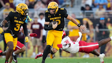 ASU Sun Devils quarterback Sam Leavitt (10) scrambles out of the backfield against the Houston Cougars at Mountain America Stadium in Tempe on Oct. 25, 2025.