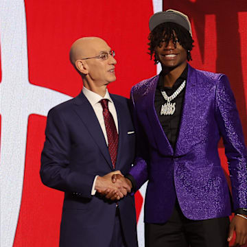 Jun 26, 2024; Brooklyn, NY, USA; Ja'Kobe Walter poses for photos with NBA commissioner Adam Silver after being selected in the first round by the Toronto Raptors in the 2024 NBA Draft at Barclays Center. Mandatory Credit: Brad Penner-Imagn Images