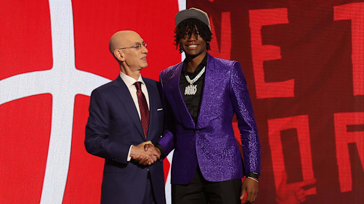 Jun 26, 2024; Brooklyn, NY, USA; Ja'Kobe Walter poses for photos with NBA commissioner Adam Silver after being selected in the first round by the Toronto Raptors in the 2024 NBA Draft at Barclays Center. Mandatory Credit: Brad Penner-Imagn Images