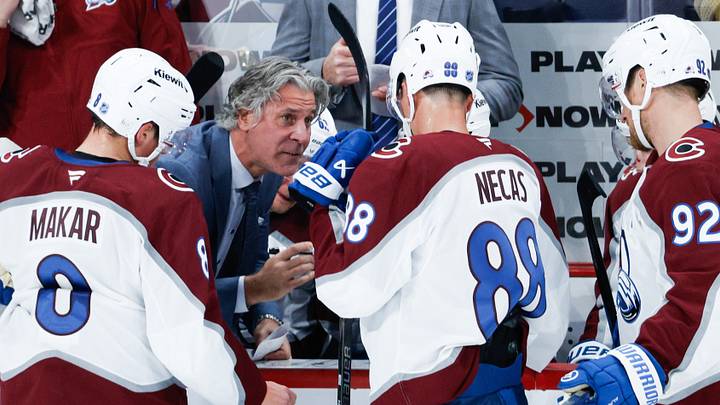 Oct 7, 2026; Winnipeg, Manitoba, CAN;  Colorado Avalanche coach Jared Bednar strategizes against the Winnipeg Jets during the third period at Canada Life Centre.  Mandatory Credit: Terrence Lee-Imagn Images