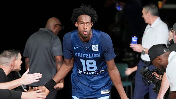 Grizzlies' Olivier-Maxence Prosper (18) walks onto the court for open practice at the FedExForum on October 4, 2025, in Memphis, Tenn.