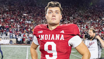 Nov 9, 2024; Bloomington, Indiana, USA; Indiana Hoosiers quarterback Kurtis Rourke talks to a reporter after the game against the Michigan Wolverines  at Memorial Stadium.