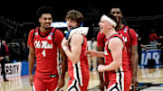 Mar 23, 2025; Milwaukee, WI, USA;  Mississippi Rebels forward Jaemyn Brakefield (4) celebrates with teammates after defeating the Iowa State Cyclones in the second round of the NCAA Tournament at Fiserv Forum. Mandatory Credit: Benny Sieu-Imagn Images