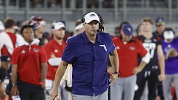 Nov 1, 2024; Boca Raton, Florida, USA;  Florida Atlantic Owls head coach Tom Herman on the sidelines during the second half against the South Florida Bulls at FAU Stadium. Mandatory Credit: Reinhold Matay-Imagn Images