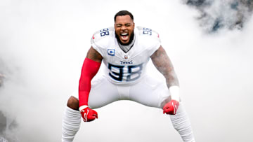 Tennessee Titans defensive tackle Jeffery Simmons heads to the field before a game against the New York Jets at Nissan Stadium in Nashville, Tenn., Sunday, Sept. 15, 2024.