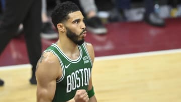 May 13, 2024; Cleveland, Ohio, USA; Boston Celtics forward Jayson Tatum (0) celebrates after a win