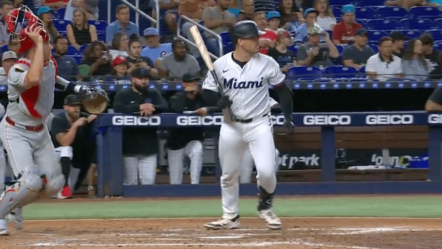 Marlins catcher Fortes didn't knw what happened after he tried to get our of the way of an inside pitch | Screengrab via @MLB on X/Twitter and NBC Sports Philadelphia