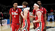 Mar 23, 2025; Milwaukee, WI, USA;  Mississippi Rebels forward Jaemyn Brakefield (4) celebrates with teammates after defeating the Iowa State Cyclones in the second round of the NCAA Tournament at Fiserv Forum. Mandatory Credit: Benny Sieu-Imagn Images