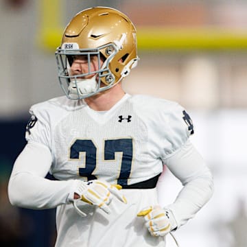 Notre Dame cornerback Max Hurleman (37) participates in a drill during a Notre Dame football practice at Irish Athletic Center on Sunday, Jan. 5, 2025, in South Bend.