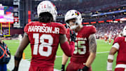 Arizona Cardinals wide receiver Marvin Harrison Jr. celebrates a touchdown with Trey McBride against the San Francisco 49ers