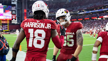 Arizona Cardinals wide receiver Marvin Harrison Jr. celebrates a touchdown with Trey McBride against the San Francisco 49ers