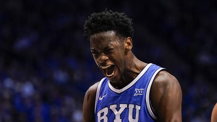 Jan 24, 2026; Provo, Utah, USA; BYU Cougars forward AJ Dybantsa (3) reacts during the first half against the Utah Utes at Marriott Center. Mandatory Credit: Aaron Baker-Imagn Images 