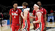 Mar 23, 2025; Milwaukee, WI, USA;  Mississippi Rebels forward Jaemyn Brakefield (4) celebrates with teammates after defeating the Iowa State Cyclones in the second round of the NCAA Tournament at Fiserv Forum. Mandatory Credit: Benny Sieu-Imagn Images