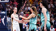 Indiana Fever guard Caitlin Clark and New York Liberty guard Sabrina Ionescu before the game at Gainbridge Fieldhouse.