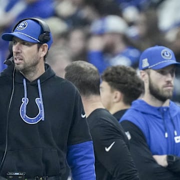 Jan 5, 2025; Indianapolis, Indiana, USA; Indianapolis Colts Head Coach Shane Steichen looks out on the field during a game against the Jacksonville Jaguars at Lucas Oil Stadium. 