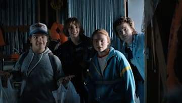 (L to R) Gaten Matarazzo as Dustin Henderson, Maya Hawke as Robin Buckley, Sadie Sink as Max Mayfield, and Joe Keery as Steve Harrington in Stranger Things 