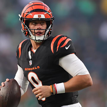 Aug 7, 2025; Philadelphia, Pennsylvania, USA; Cincinnati Bengals quarterback Joe Burrow (9) drops back to pass during the first quarter against the Philadelphia Eagles at Lincoln Financial Field. Mandatory Credit: Bill Streicher-Imagn Images