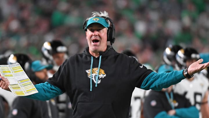 Nov 3, 2024; Philadelphia, Pennsylvania, USA; Jacksonville Jaguars head c coach Doug Pederson argues a call during the third quarter against the Philadelphia Eagles at Lincoln Financial Field. Mandatory Credit: Eric Hartline-Imagn Images Nov 3, 2024; Philadelphia, Pennsylvania, USA; Jacksonville Jaguars head c coach Doug Pederson argues a call during the third quarter against the Philadelphia Eagles at Lincoln Financial Field. Mandatory Credit: Eric Hartline-Imagn Images