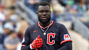 Mar 3, 2025; Peoria, Arizona, USA; Cleveland Guardians outfielder Jhonkensy Noel against the Seattle Mariners during a spring training game at Peoria Sports Complex. Mandatory Credit: Mark J. Rebilas-Imagn Images