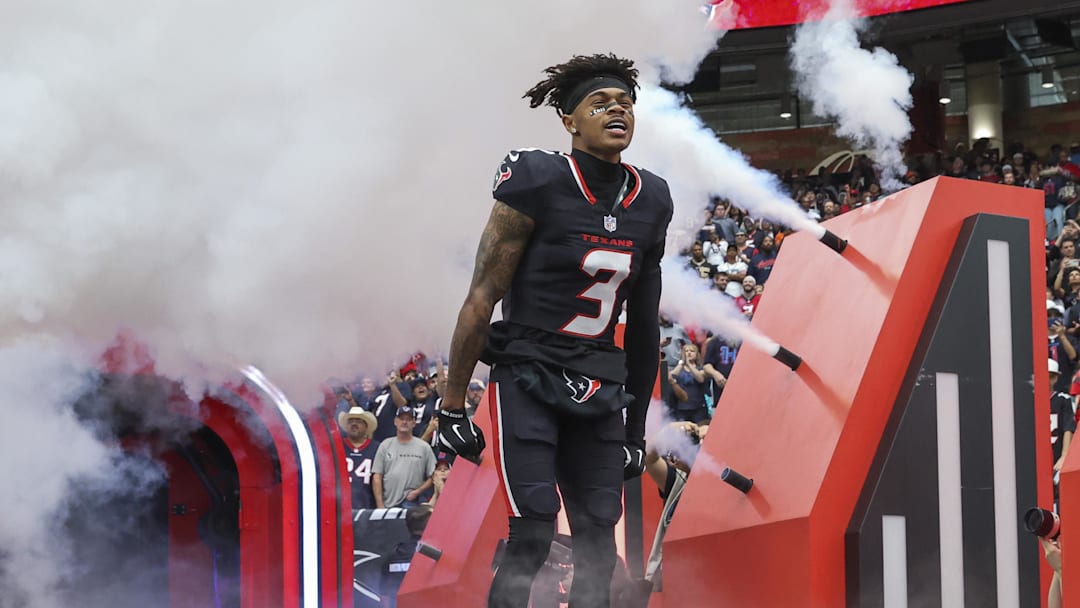 Dec 15, 2024; Houston Texans wide receiver Tank Dell (3) runs onto the field before the game against the Miami Dolphins at NRG Stadium. Mandatory Credit: Troy Taormina-Imagn Images